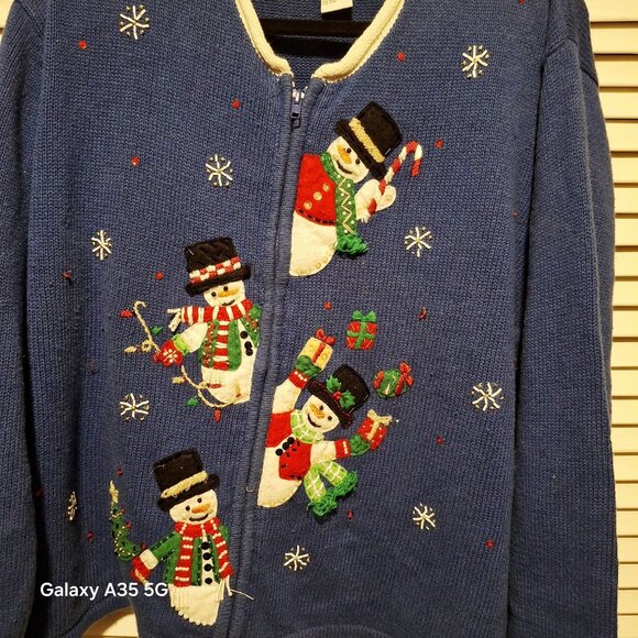 Heirloom Collectibles Snowman Blue Knit Christmas Sweater XL Ramie/Cotton Womens - Picture 3 of 6